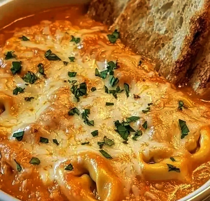 Slow Cooker Tomato Tortellini Soup with Cheddar & Garlic Toast Bites