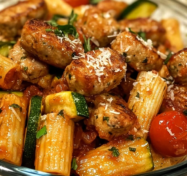 Chicken Sausages with Zucchini, Tomatoes, and Pasta