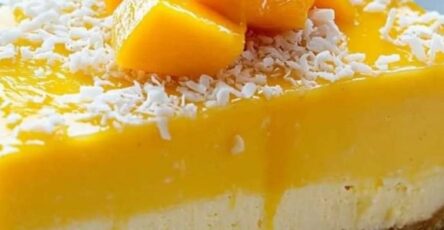Mango Coconut Cheesecake with Passion Fruit Glaze