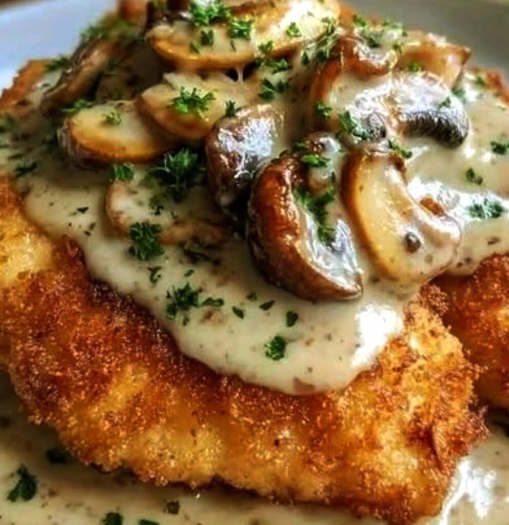 Crispy Golden Chicken with Creamy Parmesan Mushroom Sauce