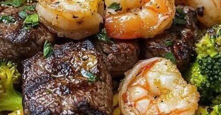 Loaded Yellow Rice with Grilled Steak, Garlic Butter Shrimp & Vegetables