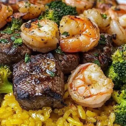 Loaded Yellow Rice with Grilled Steak, Garlic Butter Shrimp & Vegetables