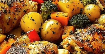 One-Pan Garlic Roasted Chicken with Potatoes, Peppers & Broccoli