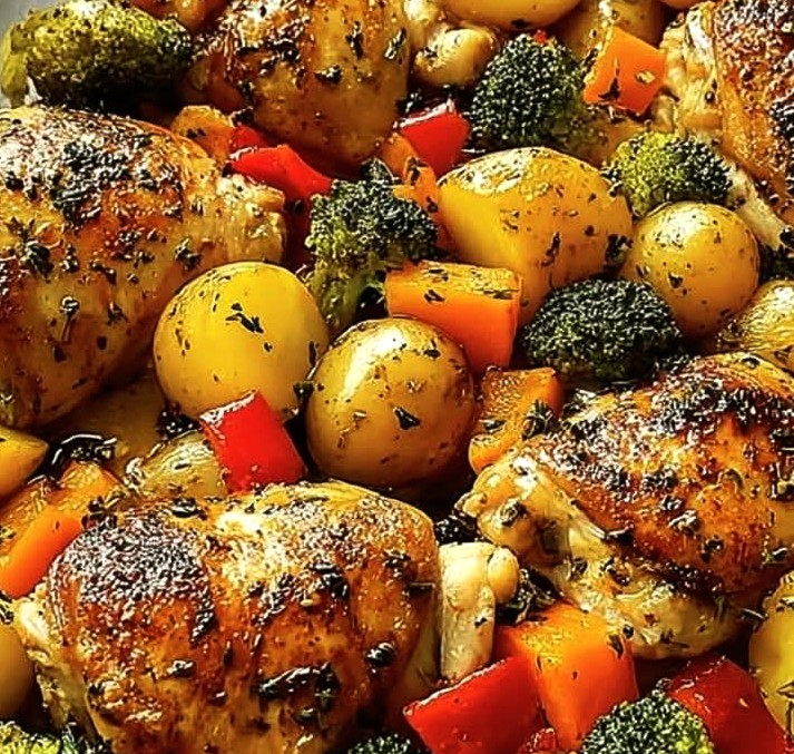 One-Pan Garlic Roasted Chicken with Potatoes, Peppers & Broccoli