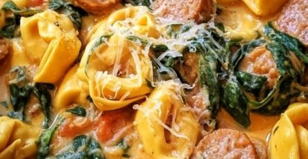 Crockpot Cheese Tortellini with Italian Sausage and Spinach