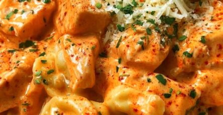 Crockpot Garlic Parmesan Buffalo Chicken Tortellini
