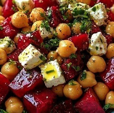 Chickpea, Beet & Feta Salad with Lemon-Garlic Vinaigrette