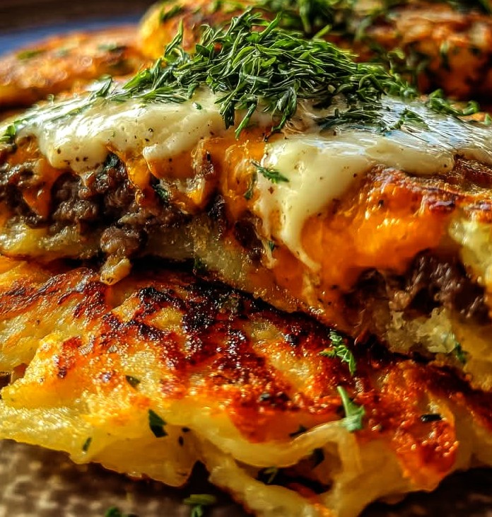 Potato Pancakes with Savory Beef and Cheddar Cheese