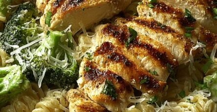 Creamy Garlic Parmesan Pasta with Grilled Chicken & Broccoli