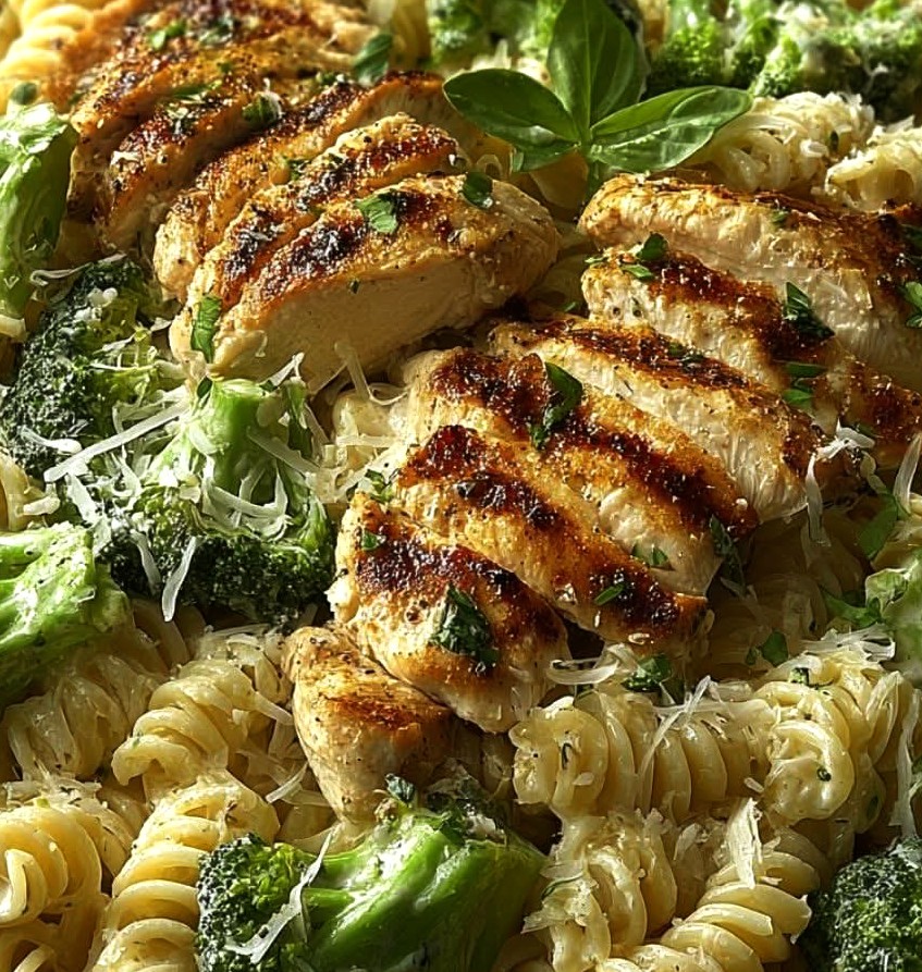 Creamy Garlic Parmesan Pasta with Grilled Chicken & Broccoli