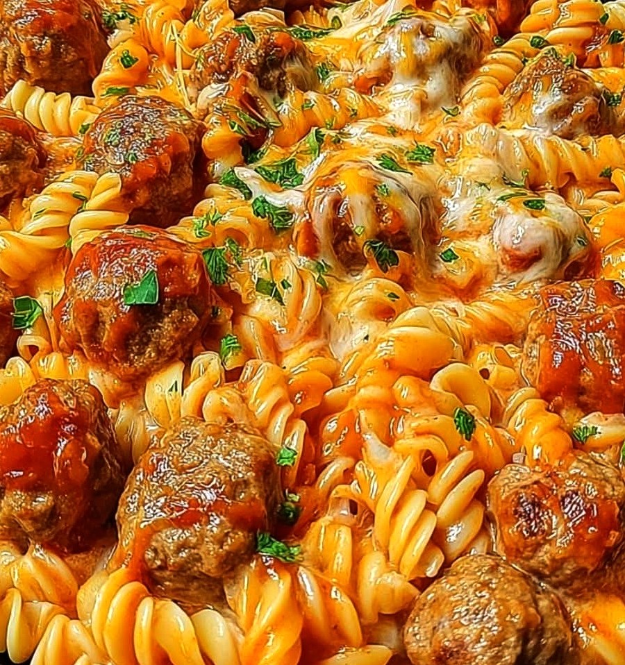 Cheesy BBQ Ranch Meatball Pasta Bake