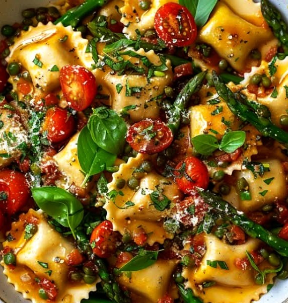Sun-Kissed Ravioli with Tomato, Asparagus, and Herbs