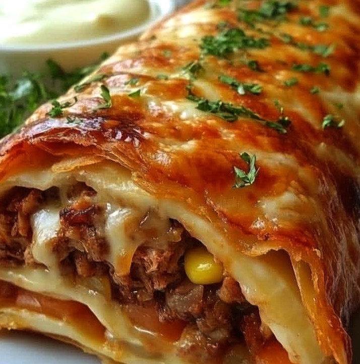 Savory Puff Pastry Roll with Ground Beef & Gooey Cheese