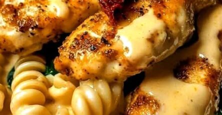 Golden Cajun Chicken with Twisted Pasta in Creamy Parmesan