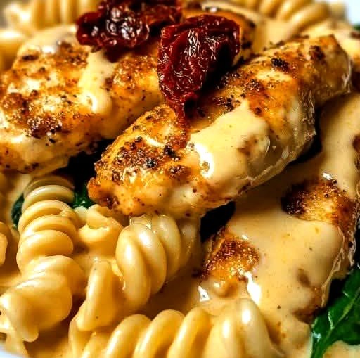 Golden Cajun Chicken with Twisted Pasta in Creamy Parmesan
