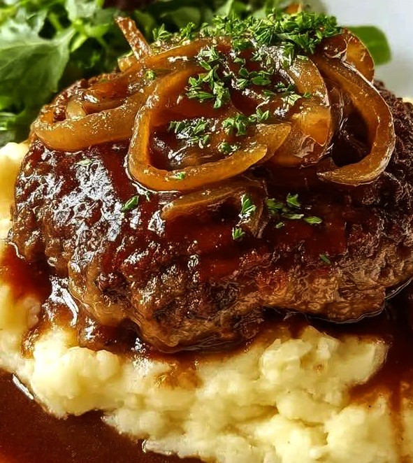 Juicy Homestyle Salisbury Steak with Onion Mushroom Gravy
