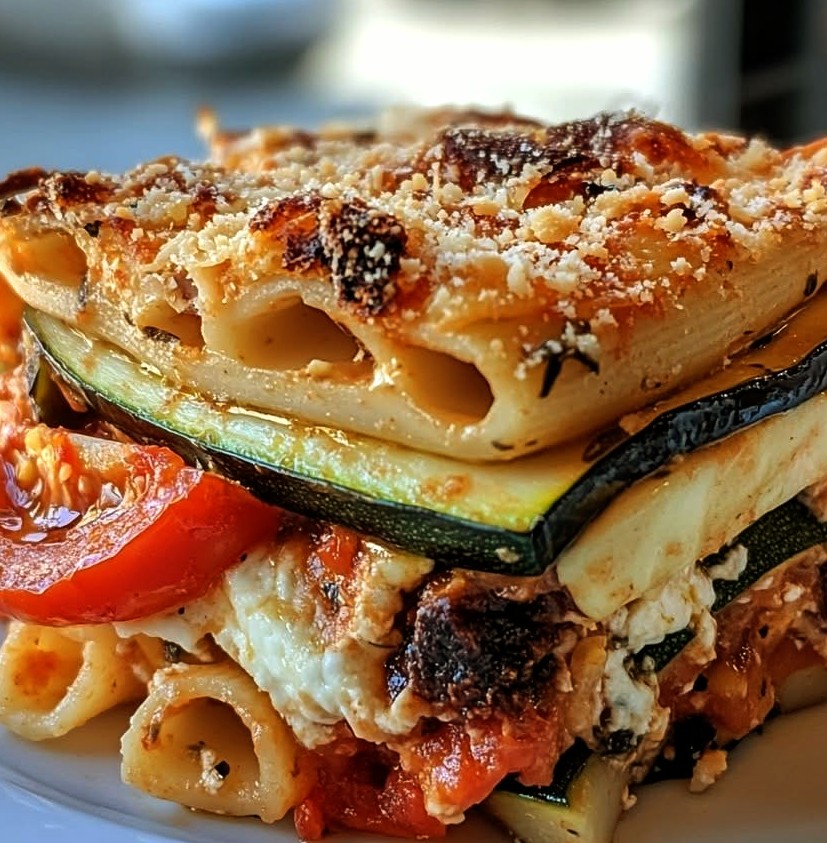 Eggplant Pasta Bake with Tomato & Zucchini