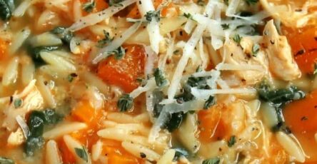 Crockpot Butternut Squash & Chicken Soup with Orzo and Spinach