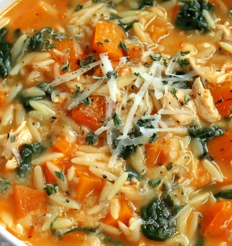 Crockpot Butternut Squash & Chicken Soup with Orzo and Spinach