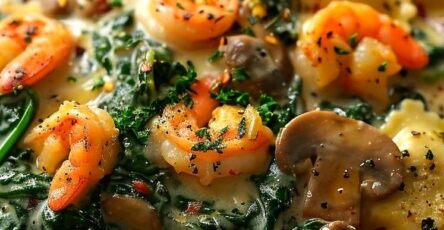 Creamy Garlic Ravioli with Seafood, Spinach & Mushrooms