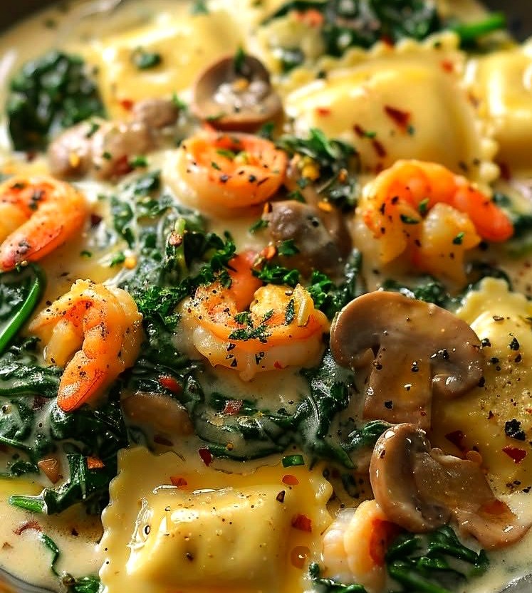 Creamy Garlic Ravioli with Seafood, Spinach & Mushrooms