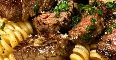 Garlic Parmesan Steak Bites with Rotini Pasta