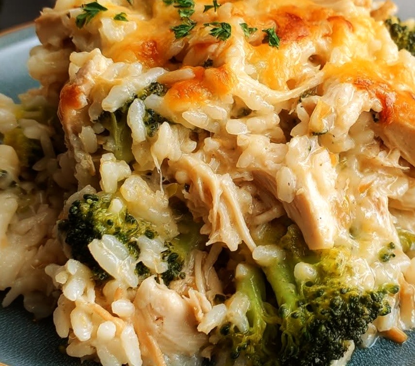 Dump-and-Bake Cheesy Chicken Broccoli Rice Casserole