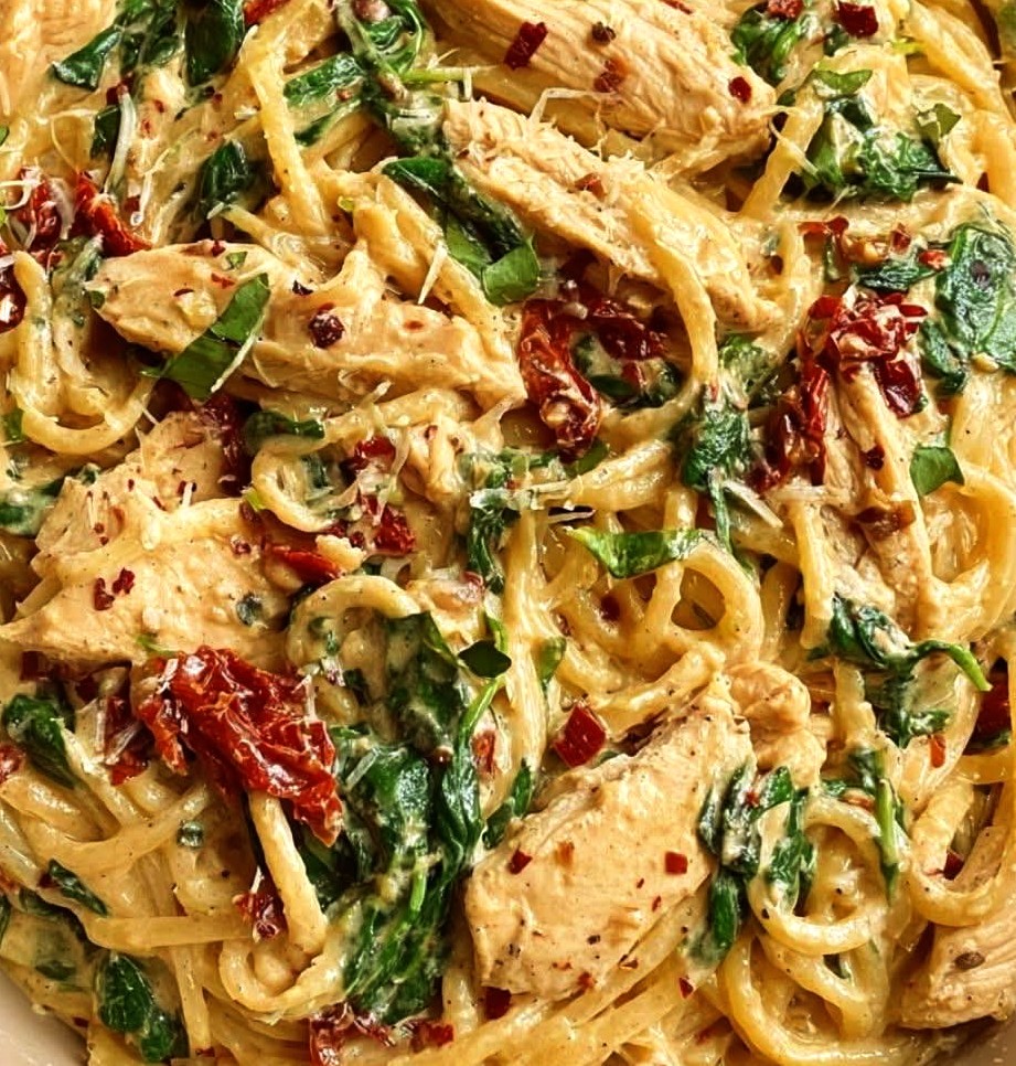 Creamy Spaghetti with Spinach & Sun-Dried Tomato Chicken