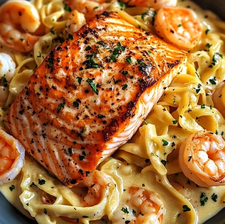 Creamy Salmon and Shrimp Alfredo Pasta