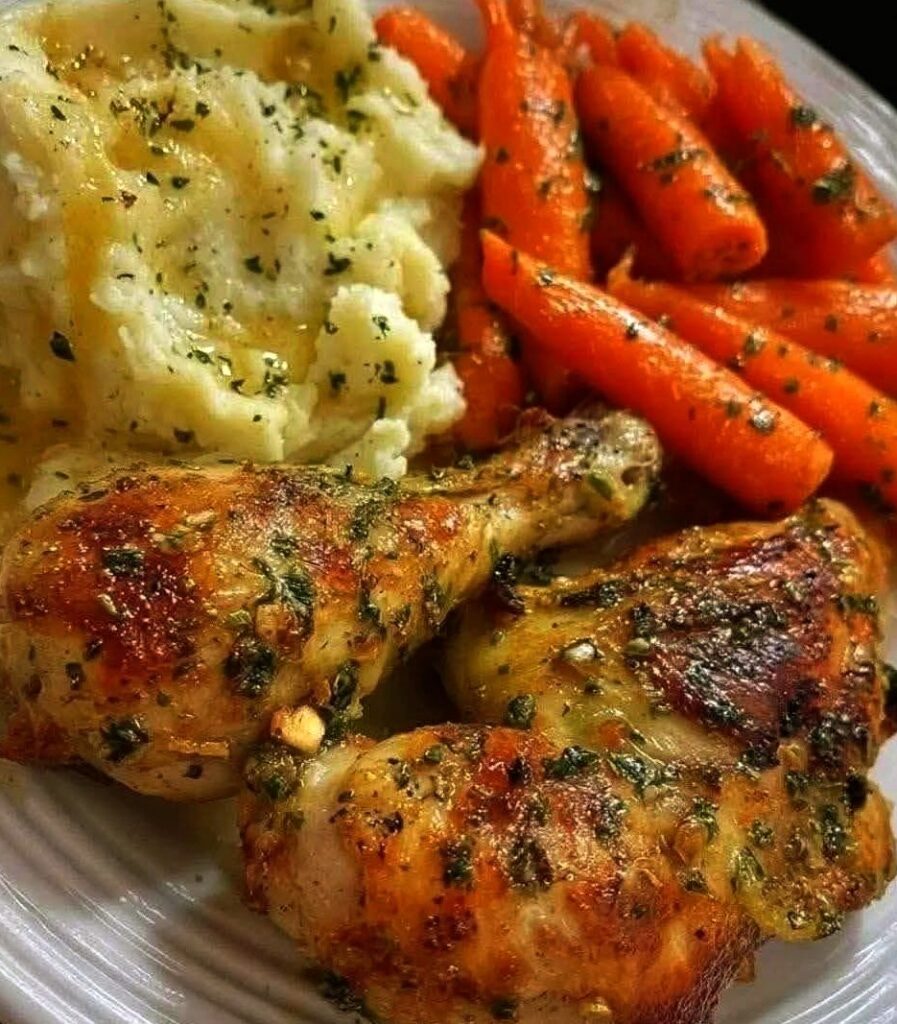 Herb Baked Chicken Drumsticks with Mashed Potatoes & Carrots
