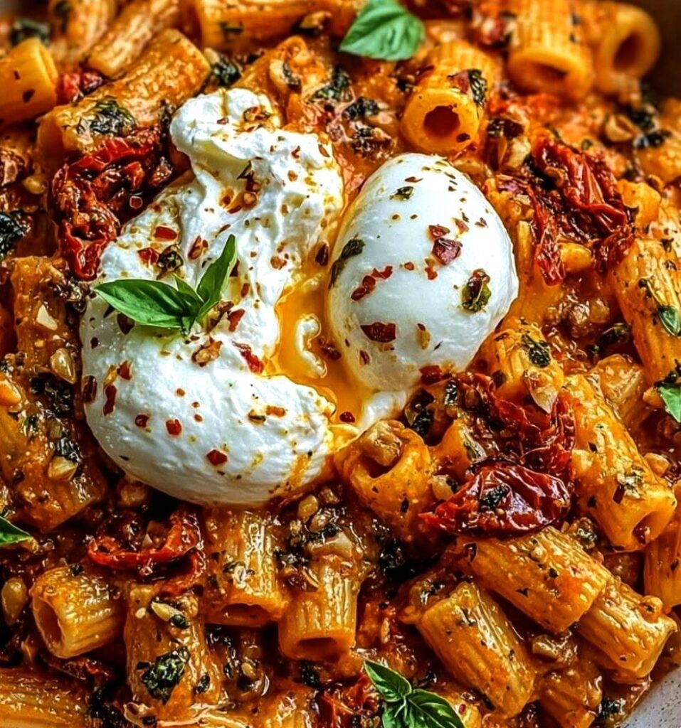 Silky Red Pepper & Sun-Dried Tomato Pasta with Burrata Melt Silky Red Pepper & Sun-Dried Tomato Pasta with Burrata Melt