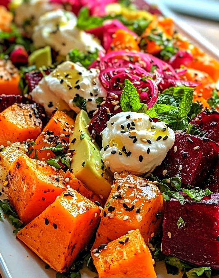 Salade Automnale aux Légumes Rôtis, Avocat et Ricotta Fouettée
