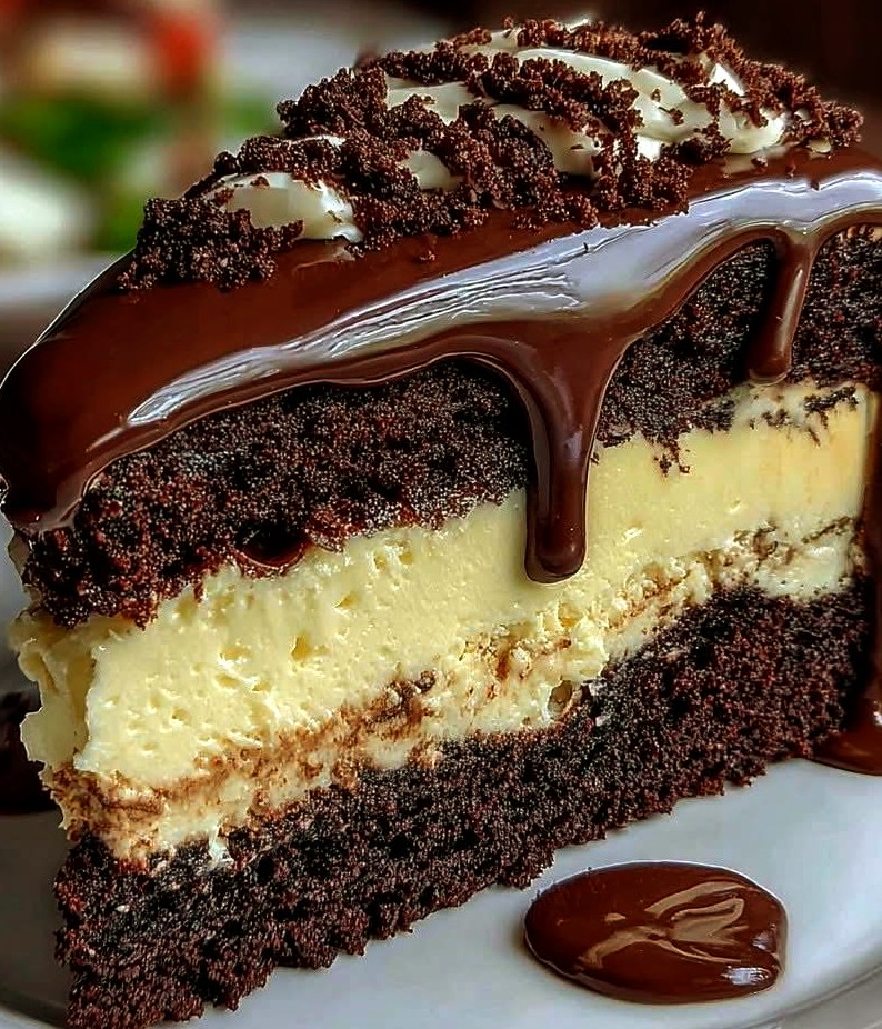 Chocolate Cheesecake Filled and Ganache-Topped Cake