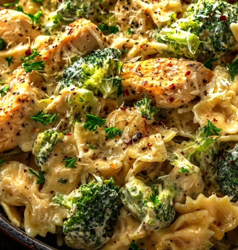 Gratin de pâtes crémeux au poulet Alfredo et au brocoli à la mijoteuse