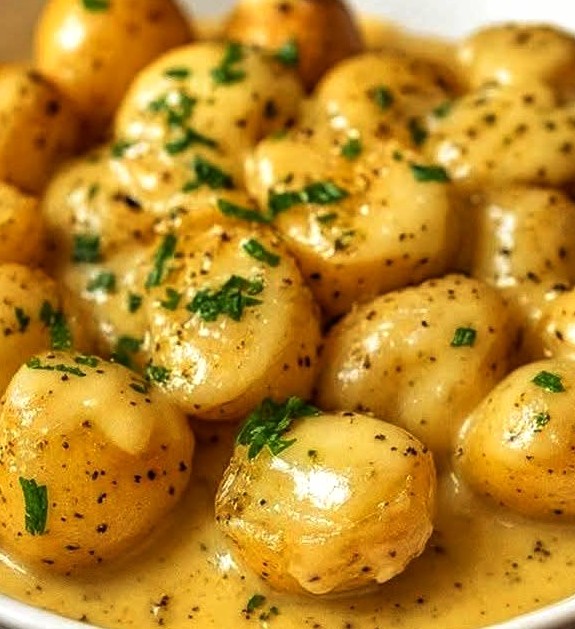 Pommes de terre grenaille crémeuses à l’ail et au parmesan Pommes de terre grenaille crémeuses à l’ail et au parmesan