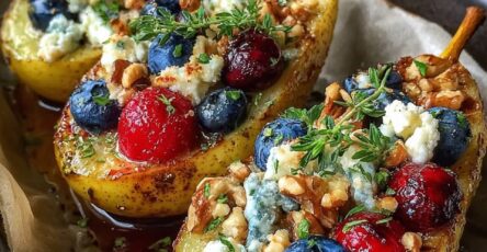 Poires rôties au miel, fruits rouges, noix et fromage bleu
