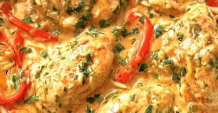 Cheesy Smothered Chicken with Bell Peppers & Orzo