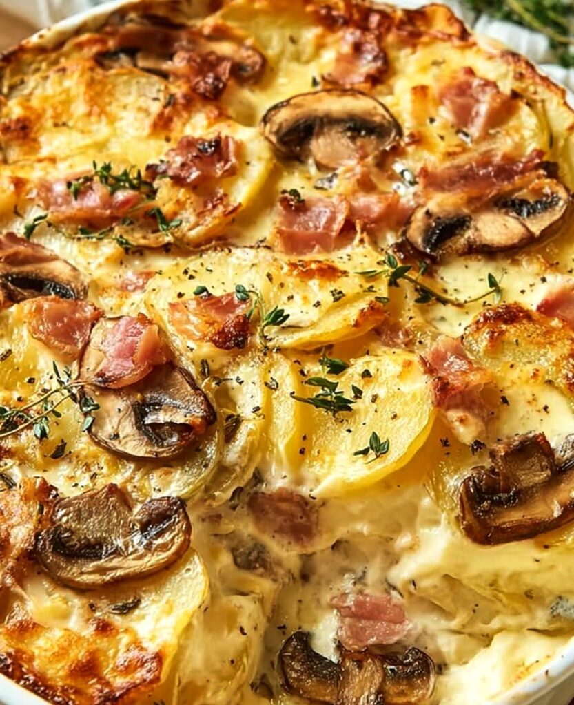 Gratin crémeux de pommes de terre, champignons et brie