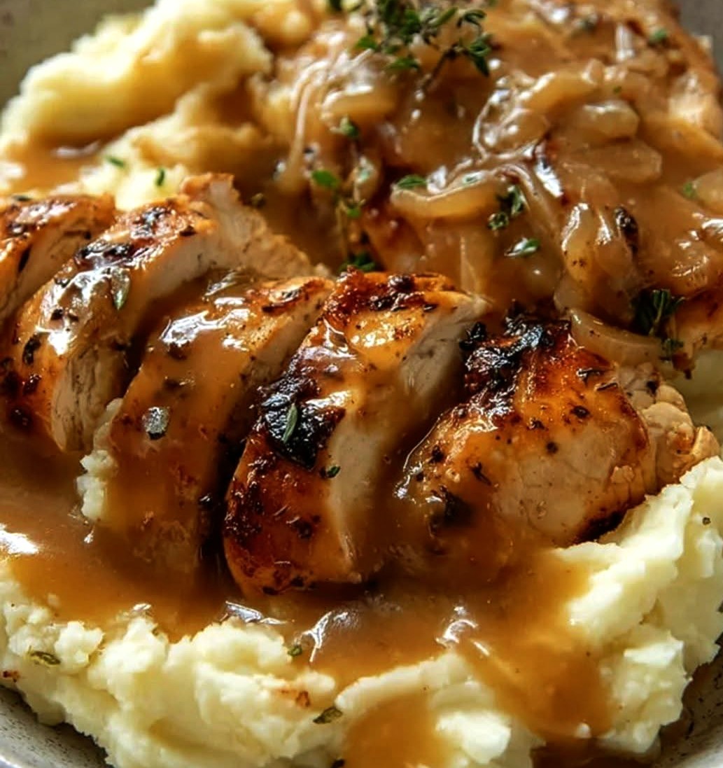 Chicken and Garlic Gravy with Cheesy Mashed Potatoes