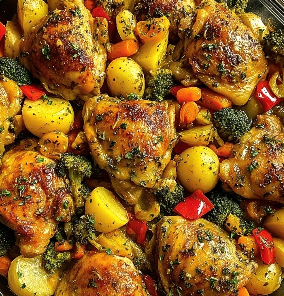 Herb Roasted Chicken Thighs with Potatoes and Veggies