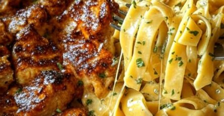 Cheesy Garlic Butter Chicken Fettuccine with Creamy Three-Cheese
