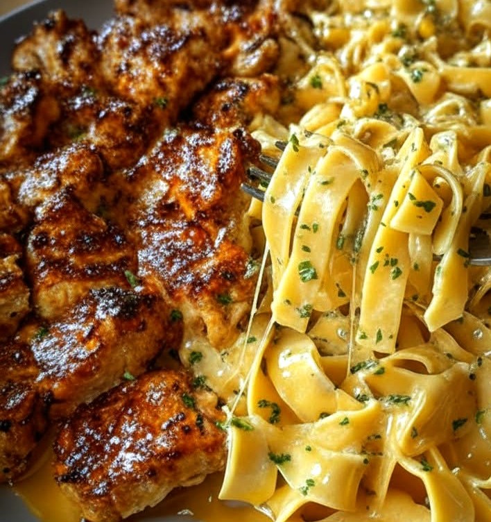 Cheesy Garlic Butter Chicken Fettuccine with Creamy Three-Cheese