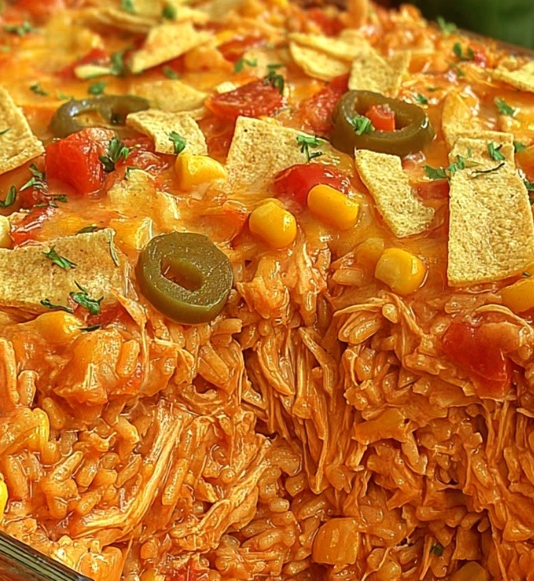 Fajita Chicken Casserole with Corn, Pickled Jalapeños & Crunchy Tortilla Strips
