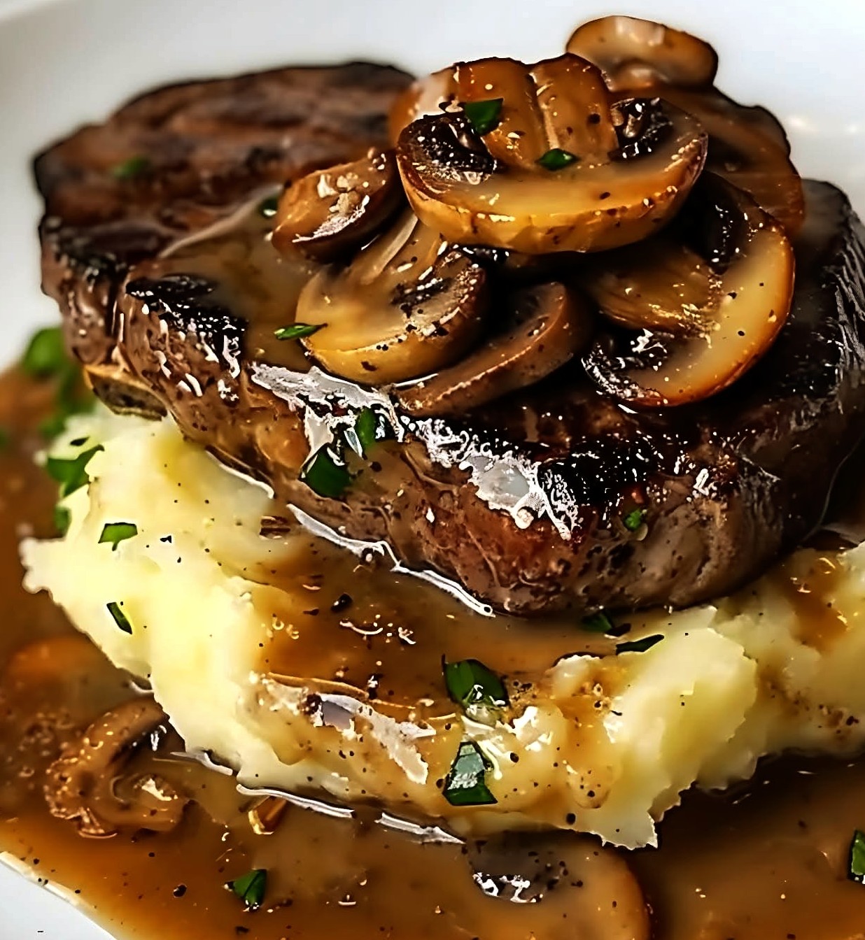 Steak with Mushroom Gravy and Creamy Mashed Potatoes