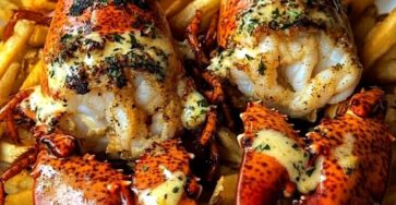 Grilled Lobster Tails with Crispy Fries & Creamy Garlic Sauce