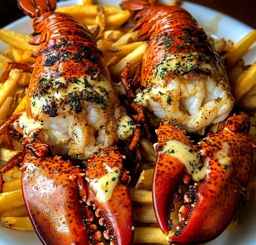 Grilled Lobster Tails with Crispy Fries & Creamy Garlic Sauce