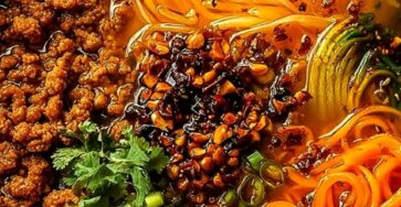 Spicy Sweet Potato Noodle Soup with Ground Chicken