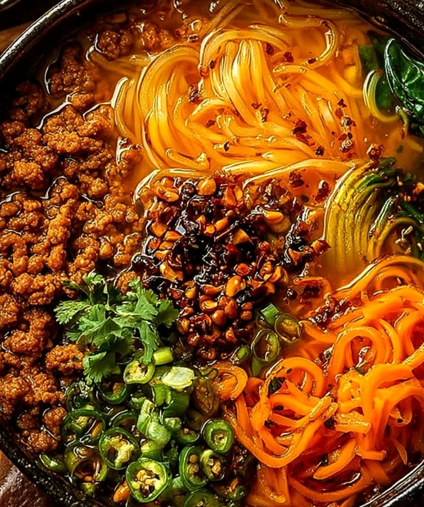 Spicy Sweet Potato Noodle Soup with Ground Chicken