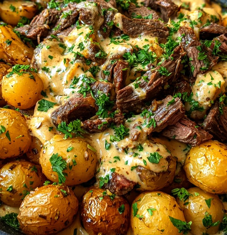 Cajun Steak & Potato Alfredo Skillet with Creamy Garlic Sauce
