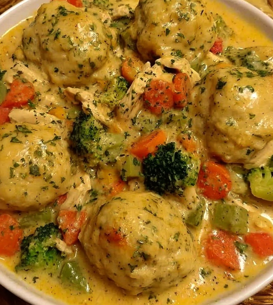 Creamy Broccoli Cheddar Chicken and Dumplings